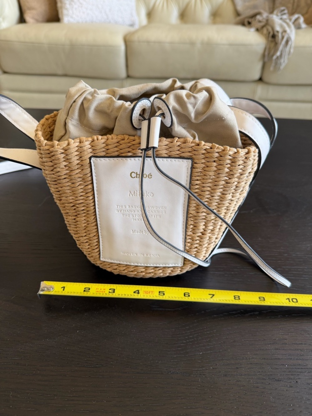 Straw Drawstring Crossbody Bag in Natural/White - Picture 5 of 6